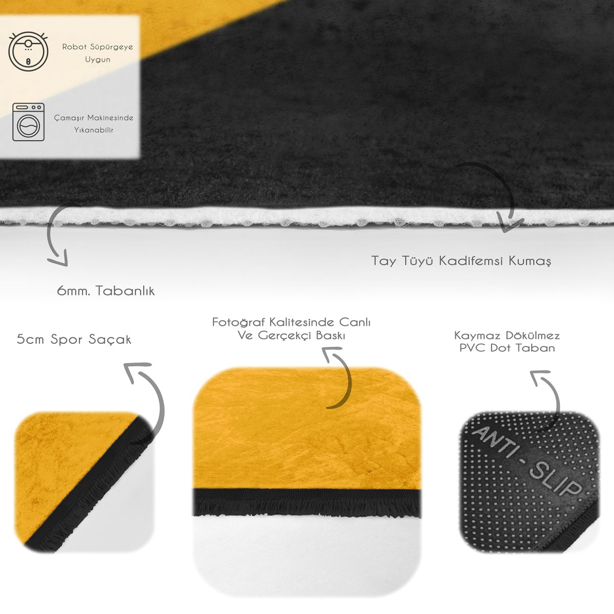 Sarı - Siyah Zeminde Geometrik Motifli Modern Desenli Geometrik Sade & Şık Banyo Mutfak Dijital Baskılı Makinede Yıkanabilir Kaymaz Taban Saçaklı Halı Realhomes