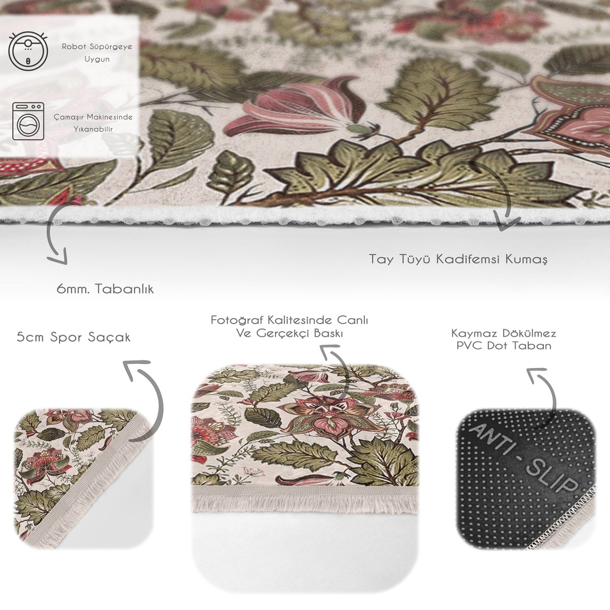Krem Zeminde Floral Motifli Yaprak Desenli Floral Klasik Mutfak Yatak Odası Dijital Baskılı Makinede Yıkanabilir Kaymaz Taban Saçaklı Halı Realhomes