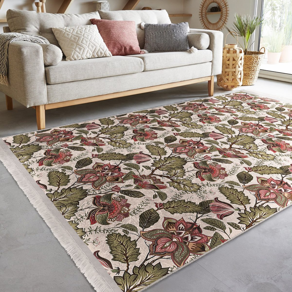 Krem Zeminde Floral Motifli Yaprak Desenli Floral Klasik Mutfak Yatak Odası Dijital Baskılı Makinede Yıkanabilir Kaymaz Taban Saçaklı Halı Realhomes