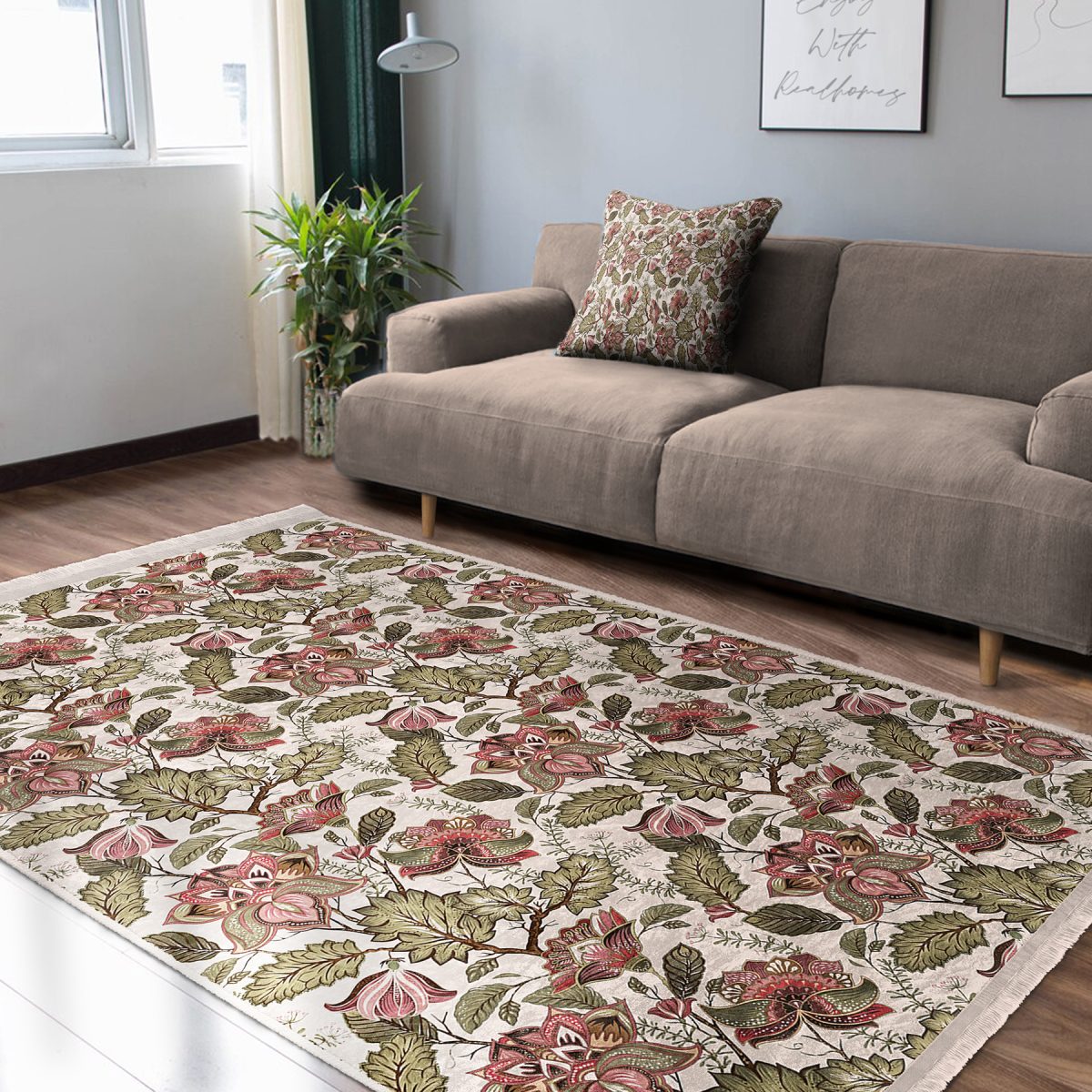 Krem Zeminde Floral Motifli Yaprak Desenli Floral Klasik Mutfak Yatak Odası Dijital Baskılı Makinede Yıkanabilir Kaymaz Taban Saçaklı Halı Realhomes