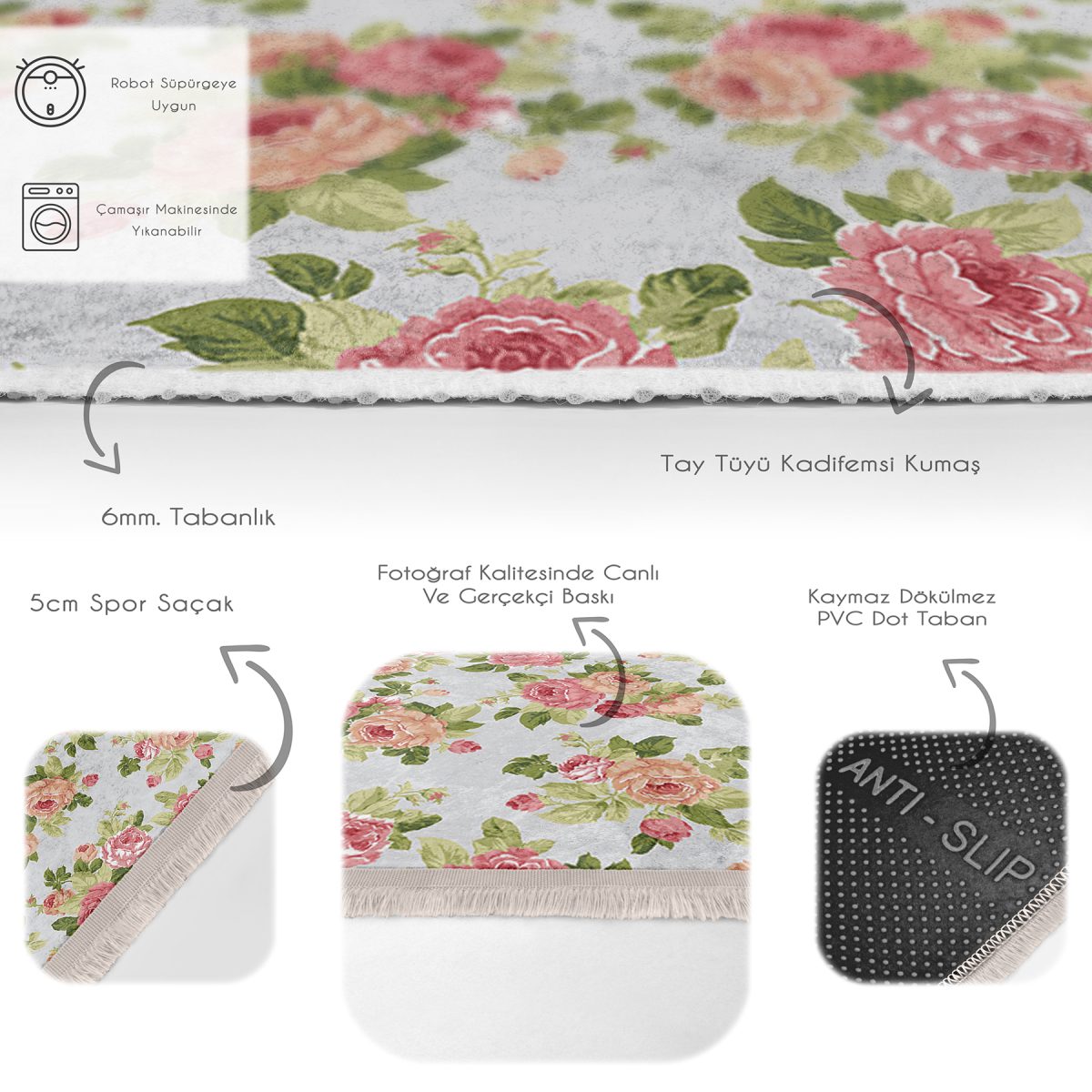 Gri Zeminde Yaprak Motifli Floral Desenli Floral Sade & Şık Mutfak Yatak Odası Dijital Baskılı Makinede Yıkanabilir Kaymaz Taban Saçaklı Halı Realhomes