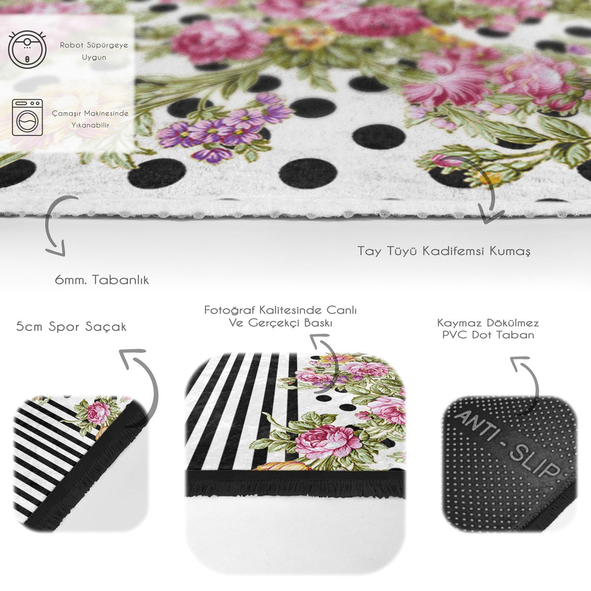 Siyah - Pembe Zeminde Geometrik Motifli Çiçek Desenli Geometrik Floral Salon & Oturma Odası Mutfak Dijital Baskılı Makinede Yıkanabilir Kaymaz Taban Saçaklı Halı Realhomes