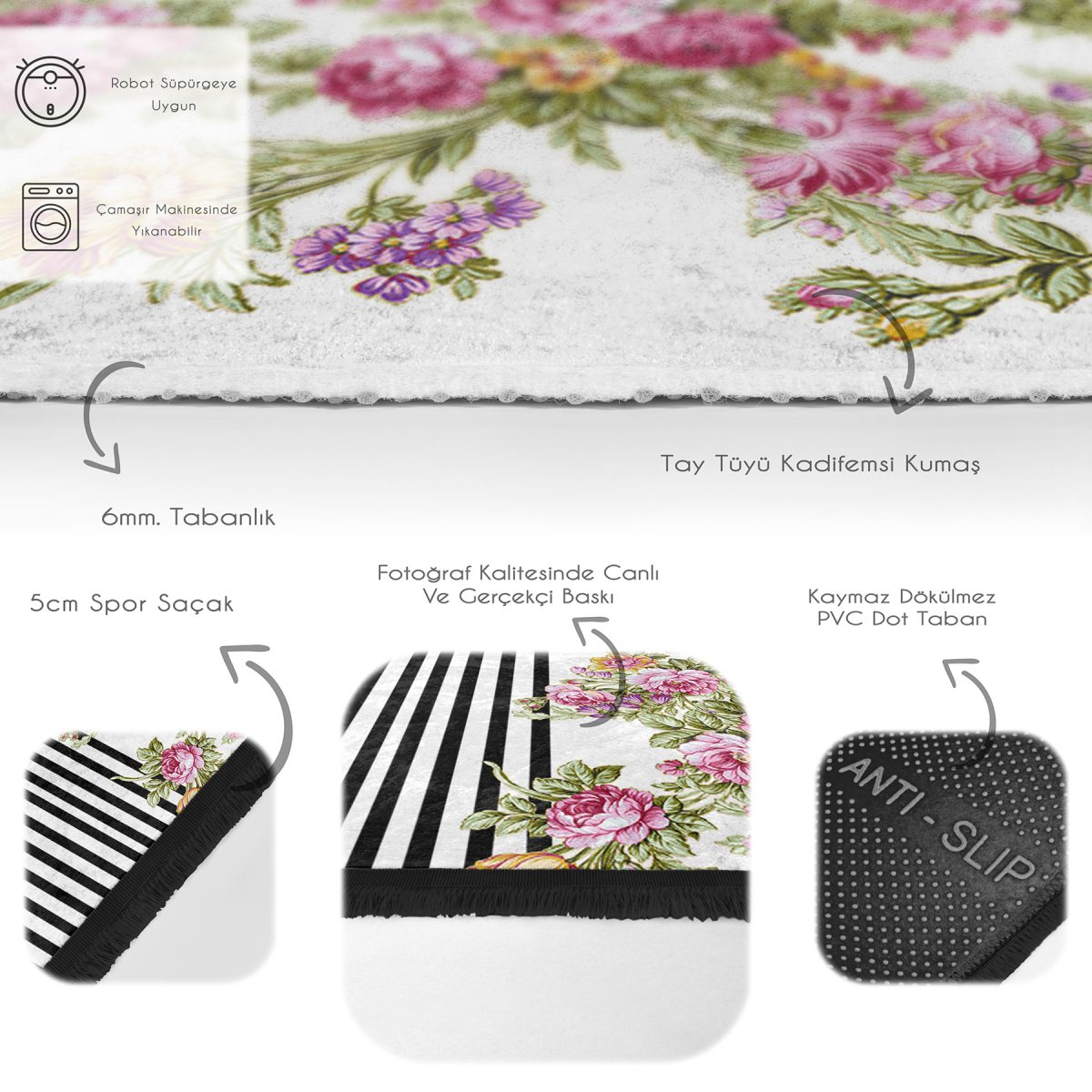 Siyah - Pembe Zeminde Çiçek Motifli Geometrik Desenli Floral Geometrik Mutfak Salon & Oturma Odası Dijital Baskılı Makinede Yıkanabilir Kaymaz Taban Saçaklı Halı Realhomes