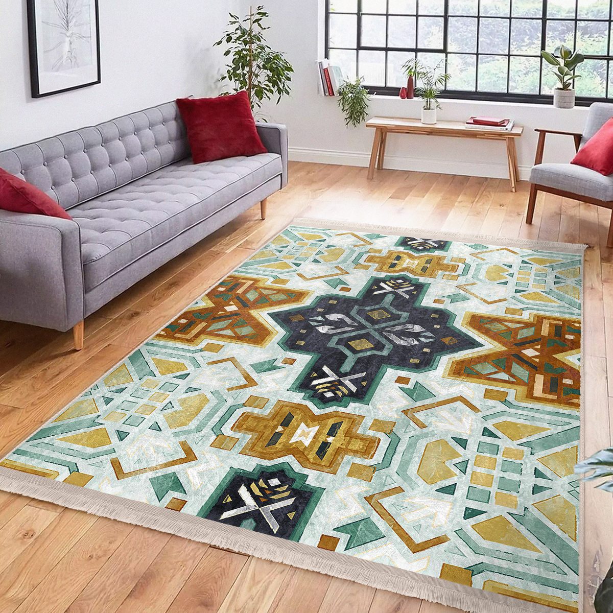 Bebek Mavi Zeminde Etnik Motifli Suluboya Desenli Vintage Klasik Salon & Oturma Odası Yatak Odası Dijital Baskılı Makinede Yıkanabilir Kaymaz Taban Saçaklı Halı Realhomes