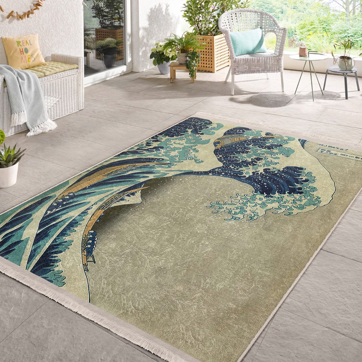 Mavi - Gri Zeminde Sanat Eseri Motifli Kanagawa Dalgası Desenli Vintage Sade & Şık Salon & Oturma Odası Dış Mekan & Outdoor Dijital Baskılı Makinede Yıkanabilir Kaymaz Taban Saçaklı Halı Realhomes