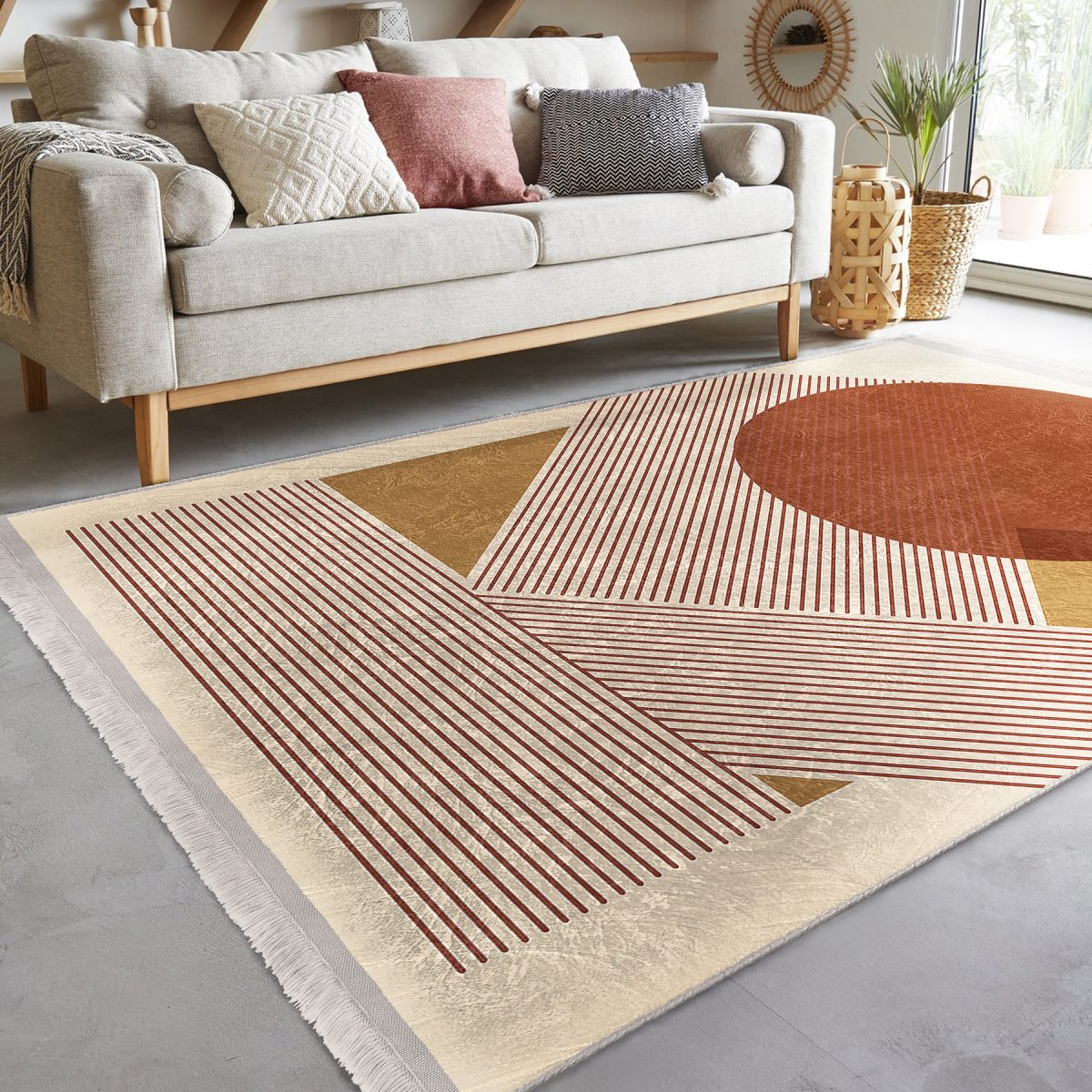 Siyah - Kahverengi Zeminde Tablo Motifli Modern Sanat Desenli Geometrik Bohem Dış Mekan & Outdoor Mutfak Dijital Baskılı Makinede Yıkanabilir Kaymaz Taban Saçaklı Halı Realhomes
