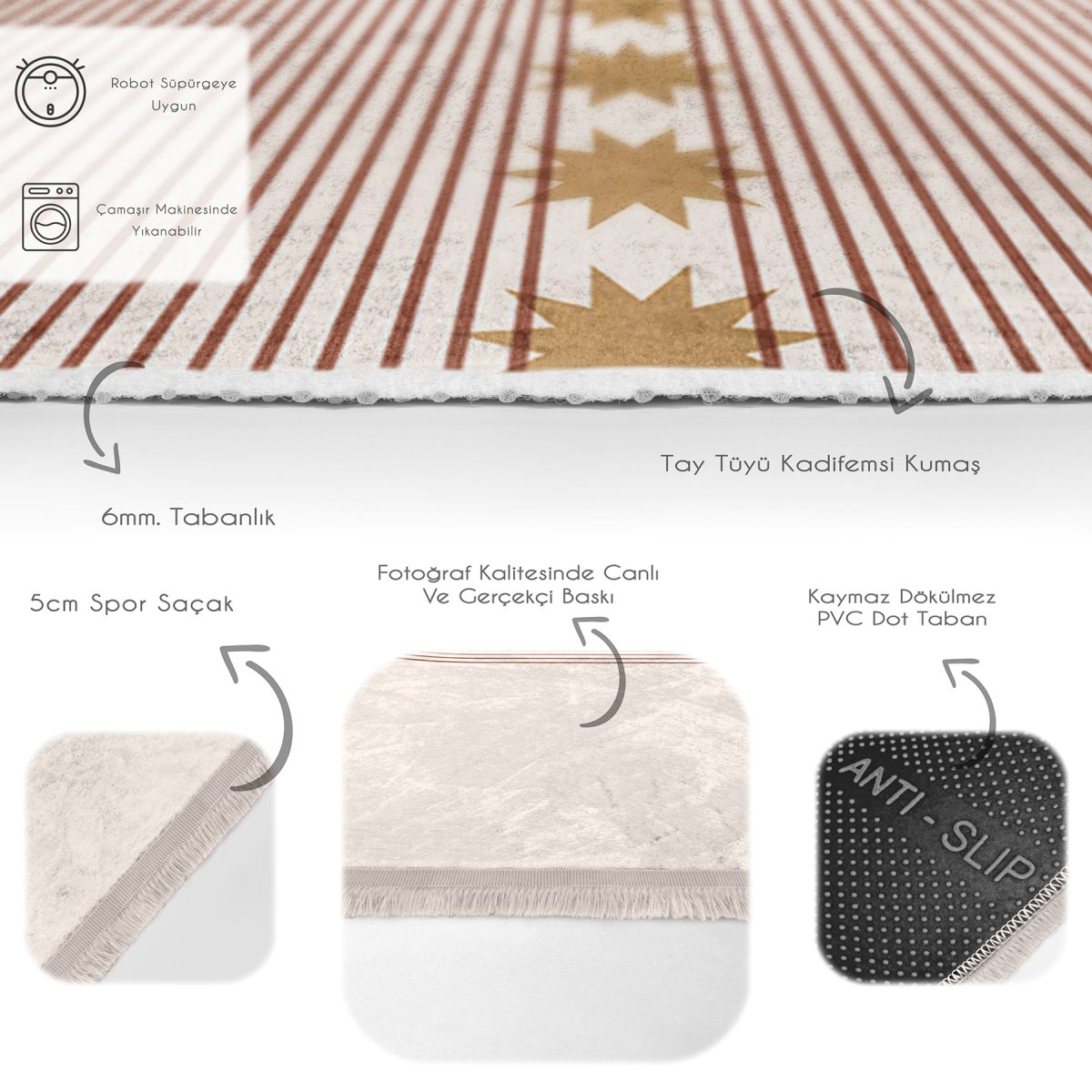 Krem - Kahverengi Zeminde Bohem Motifli Tablo Desenli Geometrik Bohem Banyo Mutfak Dijital Baskılı Makinede Yıkanabilir Kaymaz Taban Saçaklı Halı Realhomes