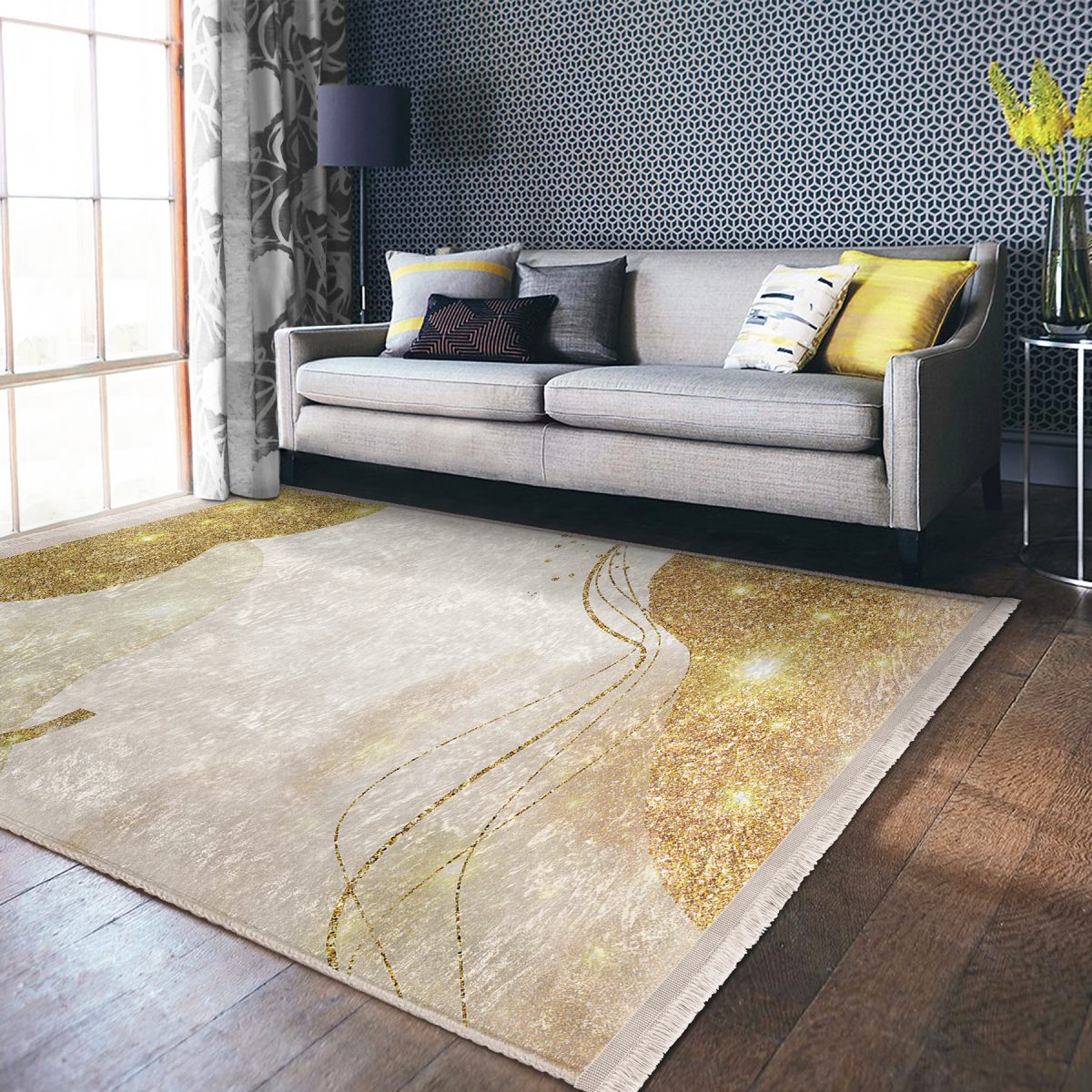 Gold - Krem Zeminde Kanvas Motifli Modern Sanat Desenli Bohem Modern Salon & Oturma Odası Dış Mekan & Outdoor Dijital Baskılı Makinede Yıkanabilir Kaymaz Taban Saçaklı Halı Realhomes