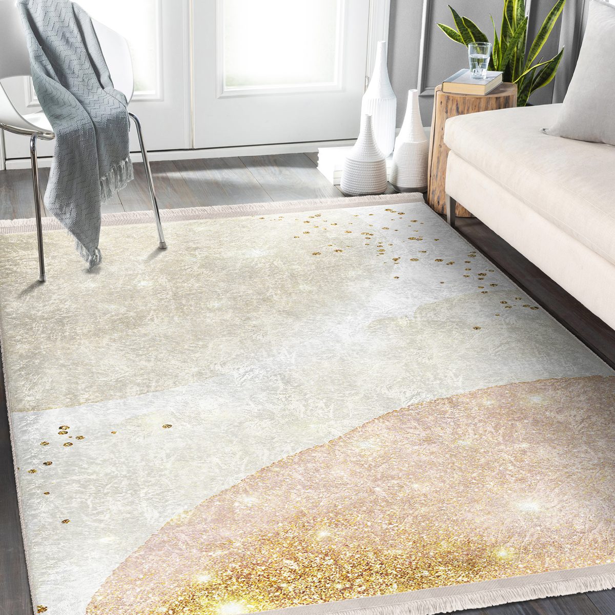 Gold - Krem Zeminde Modern Motifli Abstract Desenli Bohem Klasik Salon & Oturma Odası Dış Mekan & Outdoor Dijital Baskılı Makinede Yıkanabilir Kaymaz Taban Saçaklı Halı Realhomes