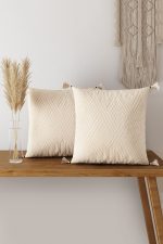 - 2-2 - Realhomes Realhomes 2'li Set Handmade Elişi Natural Buldan Bezi Otantik Organik Pamuklu Püsküllü Kırlent Kılıfı Realhomes