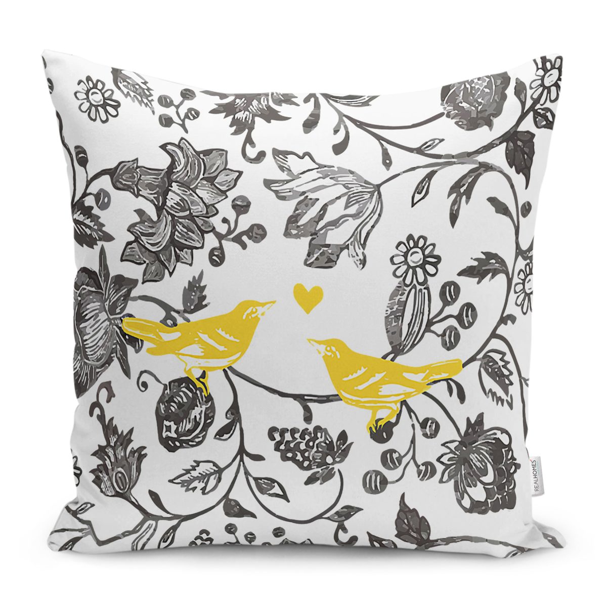 Realhomes Siyah Beyaz Çiçek Motifli Sarı Kuşlar Özel Tasarım Yastık Kırlent Kılıfı Realhomes