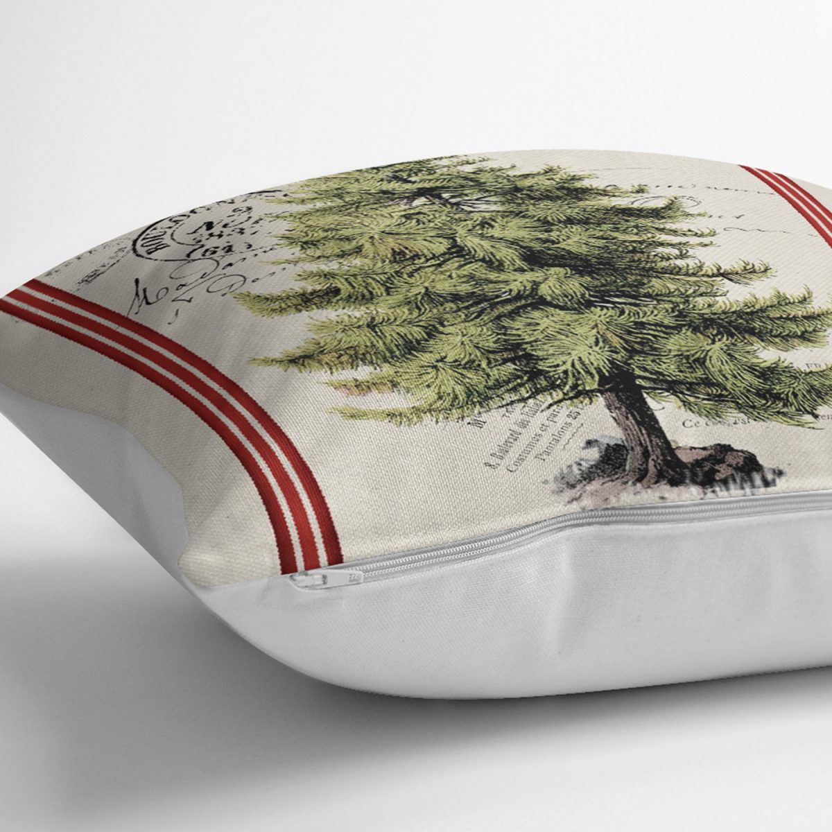 Realhomes Kırmızı Çizgili Çam Ağacı Tasarımlı Dijital Baskılı Yastık Kırlent Kılıfı Realhomes