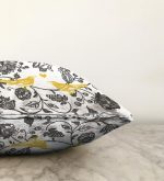 Realhomes Siyah Beyaz Çiçek Motifli Sarı Kuşlar Özel Tasarım Raşel Kadife Yastık Kırlent Kılıfı Realhomes