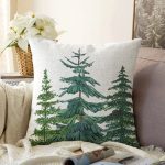 - Rasel-K12364-Gorsel - Realhomes Realhomes Beyaz Zeminli Çam Ağaçları Özel Tasarımlı Dijital Baskılı Raşel Kadife Yastık Kırlent Kılıfı Realhomes