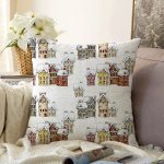 - Rasel-K12379-Gorsel - Realhomes  Realhomes Kış Temalı Karla Kaplı Evler Çizimli Dijital Baskılı Raşel Kadife Yastık Kırlent Kılıfı Realhomes