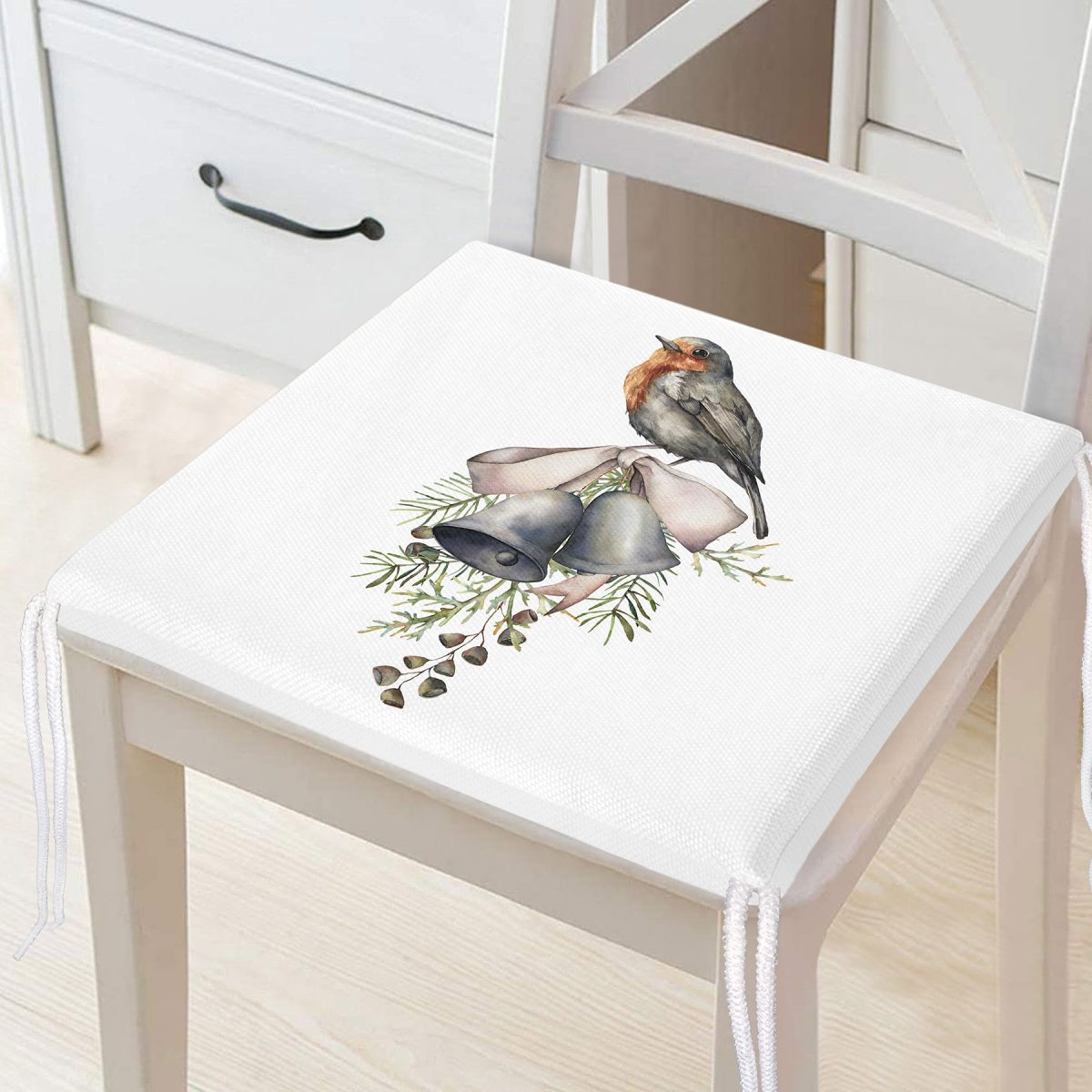 Çan & Kuş Motifli Dijital Baskılı Modern Fermuarlı Sandalye Minderi Realhomes