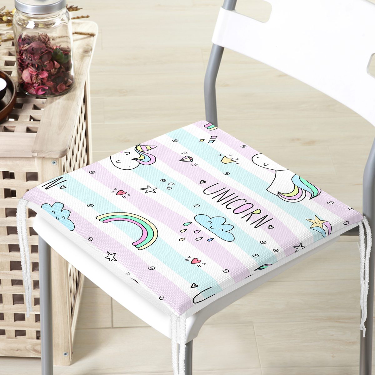 Unicorn Ve Gökkuşağı Desenli Dijital Baskılı Özel Tasarım Modern Fermuarlı Sandalye Minderi Realhomes
