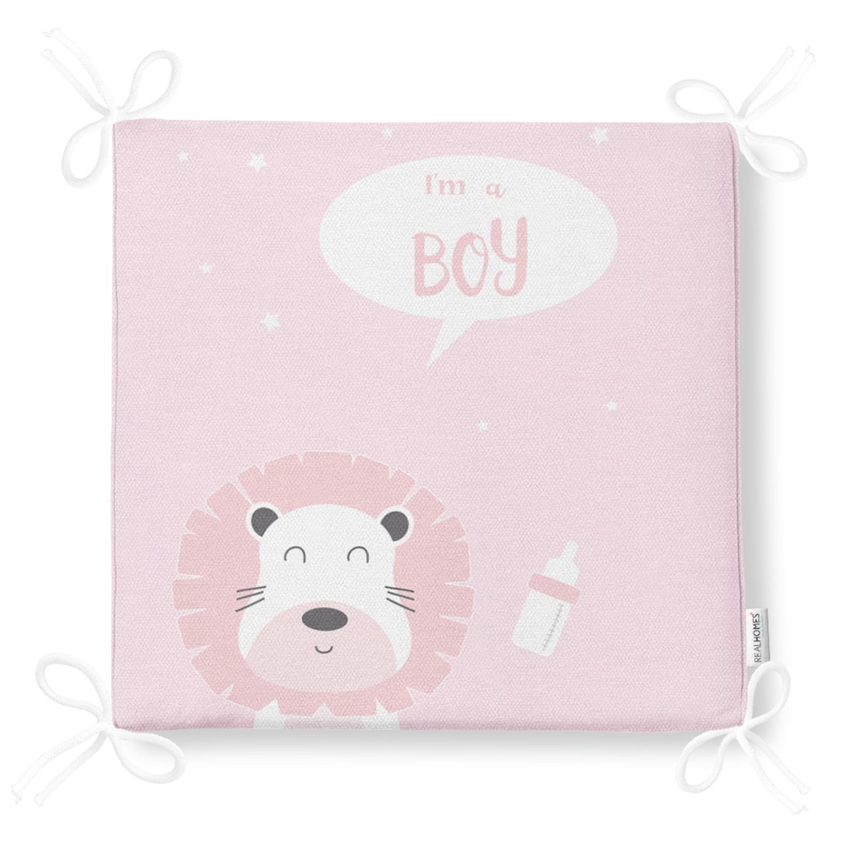Pembe Zemin I'm A Boy Yazılı Aslan Desenli Dijital Baskılı Çocuk Odası Fermuarlı Sandalye Minderi Realhomes