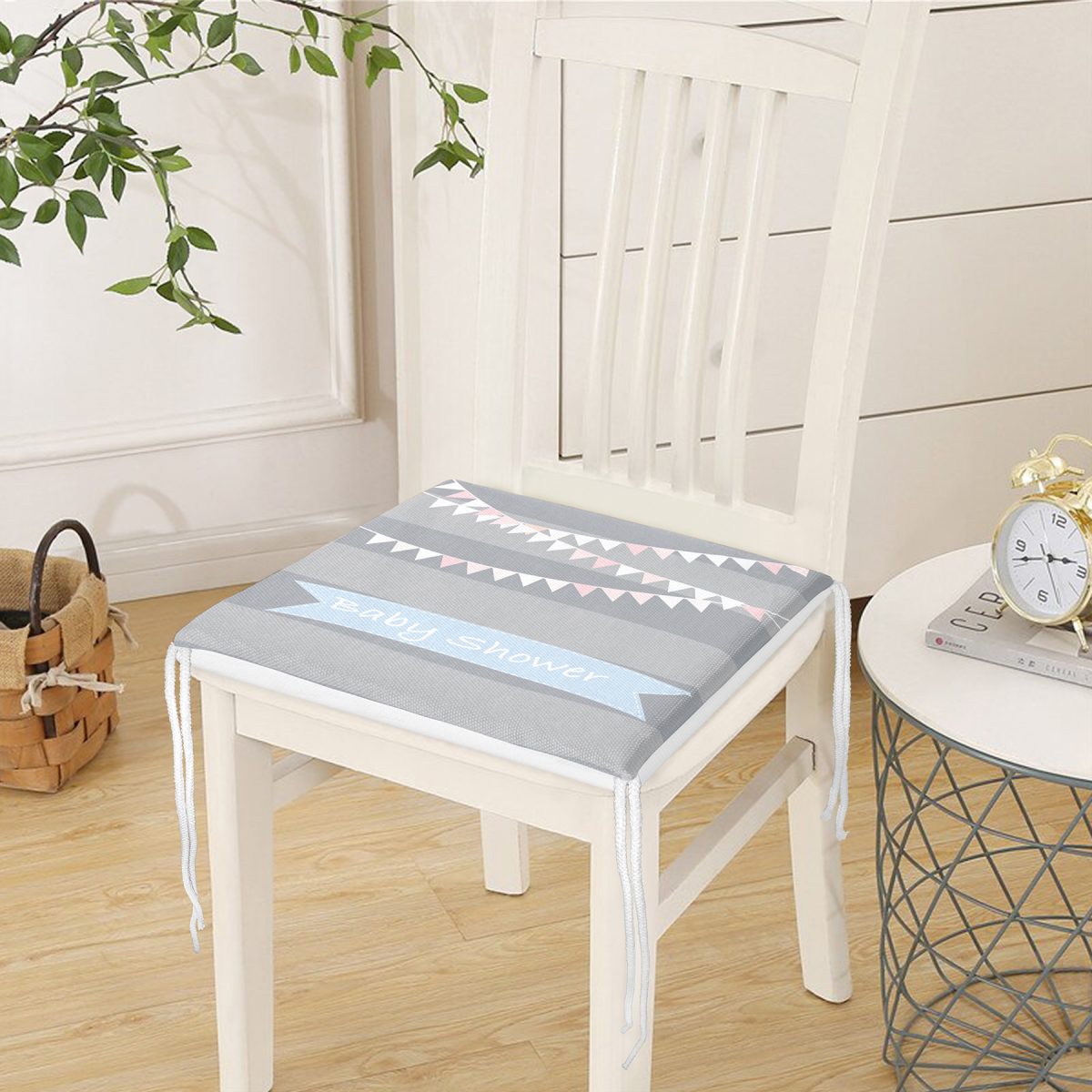 Gri Çizgili Baby Shower Temalı Çocuk Odası Fermuarlı Sandalye Minderi Realhomes