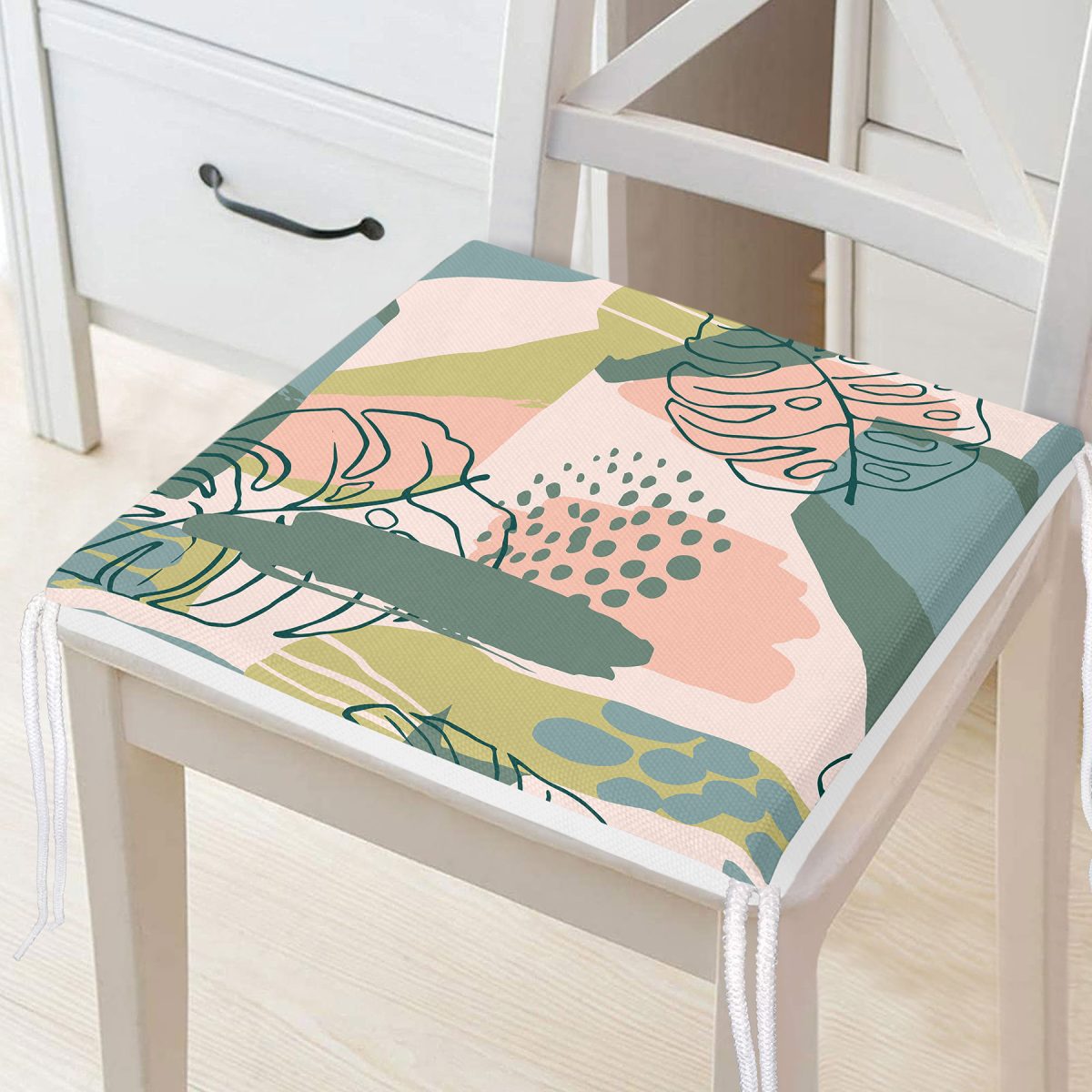 Soft Renkli Zeminde Onedraw Çizimli Yaprak Motifli Dijital Baskılı Modern Fermuarlı Sandalye Minderi Realhomes