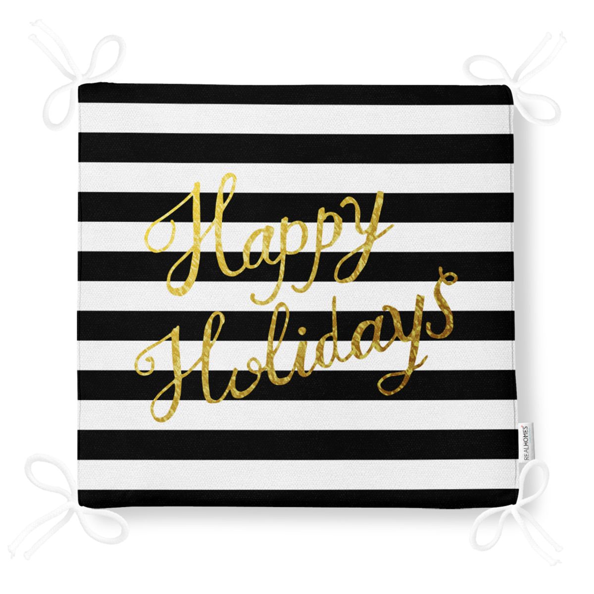 Beyaz Zeminde Siyah Çizgili Gold Yazılı Happy Holidays Yazılı Dijital Baskılı Modern Fermuarlı Sandalye Minderi Realhomes