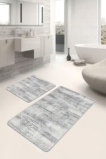 2'li Set Gri Zeminde Antik Motifli Dokuma Desenli Eskitme Motifli Sade & Şık  2'li Banyo & Mutfak Paspas Takımı Realhomes