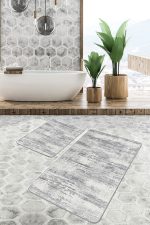 2'li Set Gri Zeminde Antik Motifli Dokuma Desenli Eskitme Motifli Sade & Şık  2'li Banyo & Mutfak Paspas Takımı Realhomes