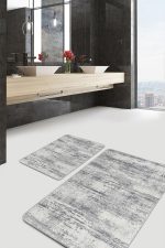 2'li Set Gri Zeminde Antik Motifli Dokuma Desenli Eskitme Motifli Sade & Şık  2'li Banyo & Mutfak Paspas Takımı Realhomes