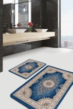 2'li Set Mavi Zeminde Göbekli Halı Motifli Kilim Desenli Avangarde Etnik Motifler  2'li Banyo & Mutfak Paspas Takımı Realhomes