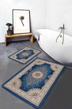 2'li Set Mavi Zeminde Göbekli Halı Motifli Kilim Desenli Avangarde Etnik Motifler  2'li Banyo & Mutfak Paspas Takımı Realhomes