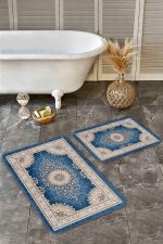 2'li Set Mavi Zeminde Göbekli Halı Motifli Kilim Desenli Avangarde Etnik Motifler  2'li Banyo & Mutfak Paspas Takımı Realhomes