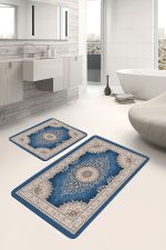 2'li Set Mavi Zeminde Göbekli Halı Motifli Kilim Desenli Avangarde Etnik Motifler  2'li Banyo & Mutfak Paspas Takımı Realhomes