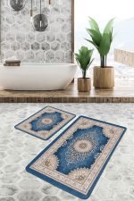 2'li Set Mavi Zeminde Göbekli Halı Motifli Kilim Desenli Avangarde Etnik Motifler  2'li Banyo & Mutfak Paspas Takımı Realhomes