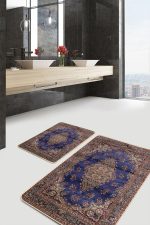 2'li Set Lacivert Zeminde Uşak Motifli Yöresel Desenli Avangarde Vintage  2'li Banyo & Mutfak Paspas Takımı Realhomes