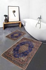 2'li Set Lacivert Zeminde Uşak Motifli Yöresel Desenli Avangarde Vintage  2'li Banyo & Mutfak Paspas Takımı Realhomes