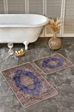 2'li Set Lacivert Zeminde Uşak Motifli Yöresel Desenli Avangarde Vintage  2'li Banyo & Mutfak Paspas Takımı Realhomes