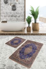 2'li Set Lacivert Zeminde Uşak Motifli Yöresel Desenli Avangarde Vintage  2'li Banyo & Mutfak Paspas Takımı Realhomes