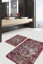 - PaspasTakimi-2li-Set1010-Gorsel-1 - Realhomes 2'li Set Kırmızı Zeminde Dokuma Halı Motifli Kilim Desenli Etnik Motifler Eskitme Motifli 2'li Banyo & Mutfak Paspas Takımı Realhomes