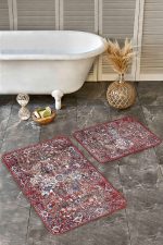 - Realhomes - Realhomes 2'li Set Kırmızı Zeminde Dokuma Halı Motifli Kilim Desenli Etnik Motifler Eskitme Motifli 2'li Banyo & Mutfak Paspas Takımı Realhomes