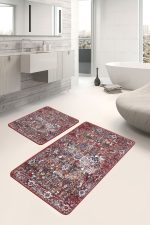 - PaspasTakimi-2li-Set1010-Gorsel-4 - Realhomes 2'li Set Kırmızı Zeminde Dokuma Halı Motifli Kilim Desenli Etnik Motifler Eskitme Motifli 2'li Banyo & Mutfak Paspas Takımı Realhomes