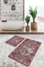 - PaspasTakimi-2li-Set1010-Gorsel-5 - Realhomes 2'li Set Kırmızı Zeminde Dokuma Halı Motifli Kilim Desenli Etnik Motifler Eskitme Motifli 2'li Banyo & Mutfak Paspas Takımı Realhomes