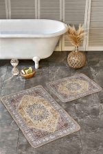 - Realhomes - Realhomes 2'li Set Geleneksel Zeminde Göbekli Halı Motifli Etnik Desenli Etnik Motifler Eskitme Motifli 2'li Banyo & Mutfak Paspas Takımı Realhomes