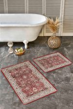 - Realhomes - Realhomes 2'li Set Kırmızı Zeminde Uşak Motifli Yöresel Desenli Etnik Motifler Avangarde 2'li Banyo & Mutfak Paspas Takımı Realhomes