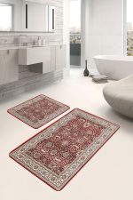 - PaspasTakimi-2li-Set1012-Gorsel-2 - Realhomes 2'li Set Kırmızı Zeminde Uşak Motifli Yöresel Desenli Etnik Motifler Avangarde 2'li Banyo & Mutfak Paspas Takımı Realhomes