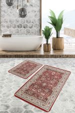 - PaspasTakimi-2li-Set1012-Gorsel-4 - Realhomes 2'li Set Kırmızı Zeminde Uşak Motifli Yöresel Desenli Etnik Motifler Avangarde 2'li Banyo & Mutfak Paspas Takımı Realhomes