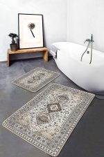 2'li Set Bej Zeminde Hereke Motifli Kilim Desenli Vintage Klasik  2'li Banyo & Mutfak Paspas Takımı Realhomes