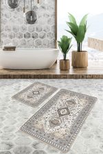 2'li Set Bej Zeminde Hereke Motifli Kilim Desenli Vintage Klasik  2'li Banyo & Mutfak Paspas Takımı Realhomes