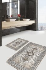 2'li Set Bej Zeminde Hereke Motifli Kilim Desenli Vintage Klasik  2'li Banyo & Mutfak Paspas Takımı Realhomes