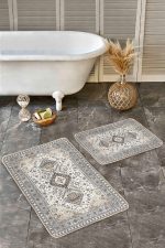 2'li Set Bej Zeminde Hereke Motifli Kilim Desenli Vintage Klasik  2'li Banyo & Mutfak Paspas Takımı Realhomes