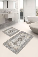 2'li Set Bej Zeminde Hereke Motifli Kilim Desenli Vintage Klasik  2'li Banyo & Mutfak Paspas Takımı Realhomes